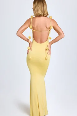 Oh Polly Wedding Guest^Slinky Jersey Floral-Appliqué Gown in Pastel Yellow PastelYellow