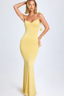 Oh Polly Wedding Guest^Slinky Jersey Floral-Appliqué Gown in Pastel Yellow PastelYellow