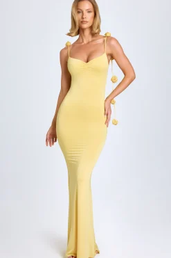 Oh Polly Wedding Guest^Slinky Jersey Floral-Appliqué Gown in Pastel Yellow PastelYellow