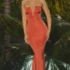 Oh Polly Wedding Guest^Slinky Jersey Hardware Detail Strapless Maxi Dress in Burnt Orange BurntOrange