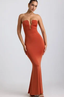 Oh Polly Wedding Guest^Slinky Jersey Hardware Detail Strapless Maxi Dress in Burnt Orange BurntOrange