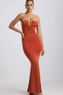 Oh Polly Wedding Guest^Slinky Jersey Hardware Detail Strapless Maxi Dress in Burnt Orange BurntOrange