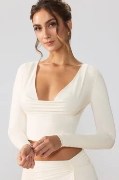 Oh Polly Women'S Clothing Sale - $65 And Under | Women'S Clothing Sale - $40 And Under^Slinky Jersey Plunge Neck Long Sleeve Crop Top Top in Ivory