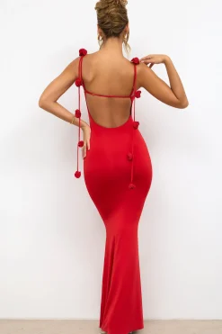 Oh Polly Party Dresses | Birthday^Slinky Jersey Rose Detail Evening Gown in Scarlet Red ScarletRed