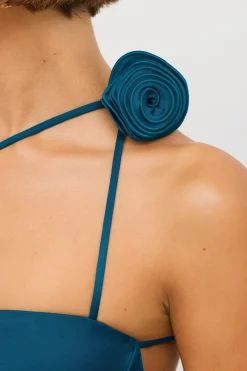 Oh Polly Women'S Clothing Sale - $65 And Under | Women'S Clothing Sale - $40 And Under^Slinky Jersey Rose Detail Ruched Mini/Midi Dress in Dark Teal DarkTeal