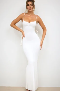 Oh Polly Party Dresses | Bride To Be^Slinky Jersey Rose Detail Evening Gown in White