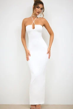 Oh Polly Women'S Clothing Sale - $65 And Under | Women'S Clothing Sale - $40 And Under^Slinky Jersey Rose Detail Halter Neck Maxi Dress in White