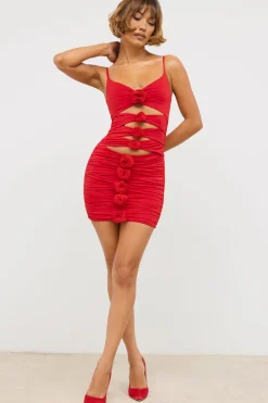 Oh Polly Women'S Clothing Sale - $65 And Under | Women'S Clothing Sale - $40 And Under^Slinky Jersey Rose Detail Cut Out Mini Dress in Scarlet Red ScarletRed