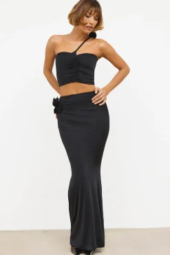 Oh Polly Women'S Clothing Sale - $65 And Under | Women'S Clothing Sale - $40 And Under^Slinky Jersey Rose Detail Mid-Rise Maxi Skirt in Black