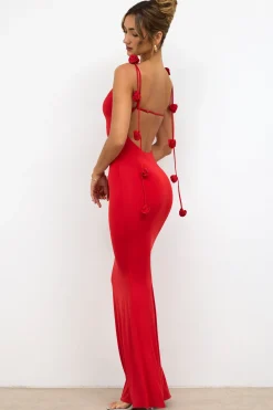Oh Polly Party Dresses | Birthday^Slinky Jersey Rose Detail Evening Gown in Scarlet Red ScarletRed