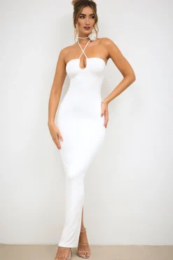 Oh Polly Women'S Clothing Sale - $65 And Under | Women'S Clothing Sale - $40 And Under^Slinky Jersey Rose Detail Halter Neck Maxi Dress in White