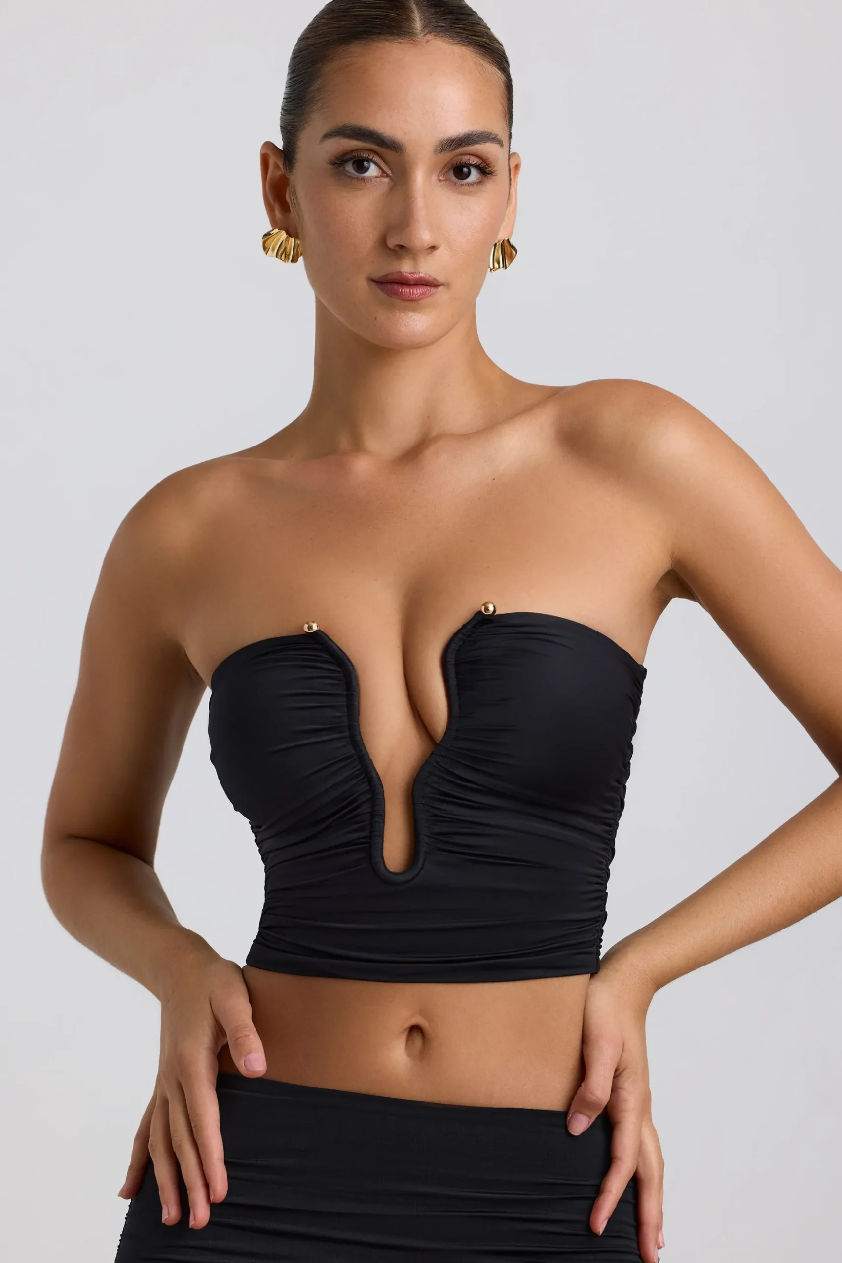 Oh Polly Co-Ords | Tops^Slinky Jersey Ruched Hardware Detail Strapless Top in Black