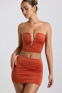 Oh Polly Co-Ords | Tops^Slinky Jersey Ruched Hardware Detail Strapless Top in Burnt Orange BurntOrange