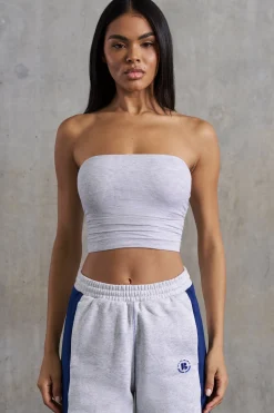 Oh Polly Tops^Soft Rib Ruched Bandeau Top in Heather Grey HeatherGrey