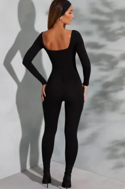 Oh Polly Jumpsuits & Unitards^Square Neck Long Sleeve Jumpsuit in Black