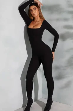 Oh Polly Jumpsuits & Unitards^Square Neck Long Sleeve Jumpsuit in Black
