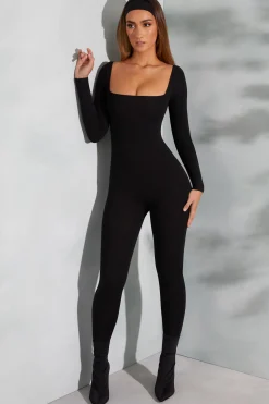 Oh Polly Jumpsuits & Unitards^Square Neck Long Sleeve Jumpsuit in Black