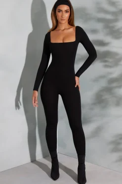 Oh Polly Jumpsuits & Unitards^Square Neck Long Sleeve Jumpsuit in Black