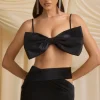 Oh Polly Tops^Strapless Bow Crop Top in Black