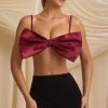 Oh Polly Tops^Strapless Bow Crop Top in Wine Red WineRed