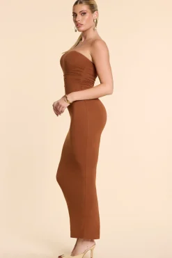 Oh Polly Women'S Clothing Sale - $65 And Under | Women'S Clothing Sale - $40 And Under^Strapless Ruched Modal Cashmere Blend Maxi Dress in Chestnut Brown ChestnutBrown