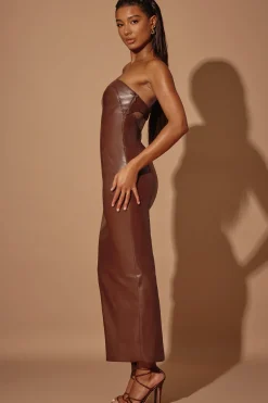 Oh Polly Women'S Clothing Sale - $65 And Under^Strapless Vegan Leather Maxi Dress in Brown
