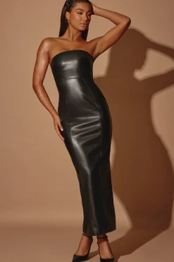 Oh Polly Women'S Clothing Sale - $65 And Under^Strapless Vegan Leather Maxi Dress in Black