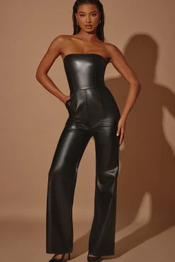 Oh Polly Women'S Clothing Sale - $65 And Under^Strapless Wide Leg Vegan Leather Jumpsuit in Black