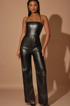 Oh Polly Women'S Clothing Sale - $65 And Under^Strapless Wide Leg Vegan Leather Jumpsuit in Black