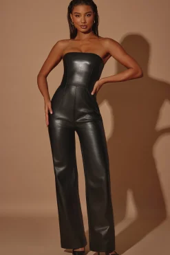 Oh Polly Women'S Clothing Sale - $65 And Under^Strapless Wide Leg Vegan Leather Jumpsuit in Black