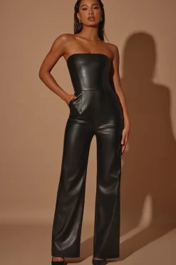 Oh Polly Women'S Clothing Sale - $65 And Under^Strapless Wide Leg Vegan Leather Jumpsuit in Black