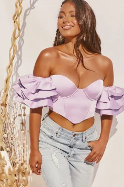 Oh Polly Women'S Clothing Sale - $65 And Under | Women'S Clothing Sale - $40 And Under^Sweet Bliss Bardot Ruffle Sleeve Crop Top in Lilac