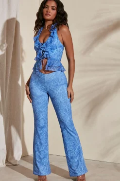 Oh Polly Women'S Clothing Sale - $65 And Under | Women'S Clothing Sale - $40 And Under^Tall Lace Up Detail Flare Trousers in Blue Print BluePrint