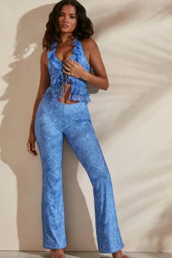 Oh Polly Women'S Clothing Sale - $65 And Under | Women'S Clothing Sale - $40 And Under^Tall Lace Up Detail Flare Trousers in Blue Print BluePrint