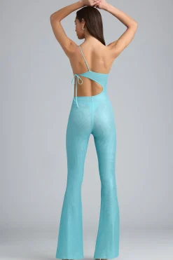 Oh Polly Women'S Clothing Sale - $65 And Under | Women'S Clothing Sale - $40 And Under^Tall Metallic Ruched Cut-Out Flared Jumpsuit in Ice Blue IceBlue