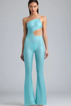 Oh Polly Women'S Clothing Sale - $65 And Under | Women'S Clothing Sale - $40 And Under^Tall Metallic Ruched Cut-Out Flared Jumpsuit in Ice Blue IceBlue