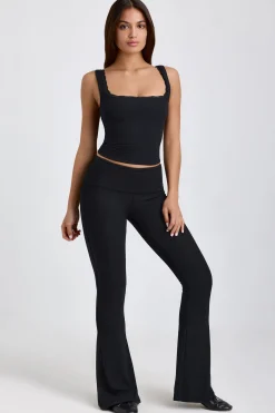 Oh Polly Elevated Essentials^Tall Ribbed Modal Mid-Rise Foldover Flared Trousers in Black
