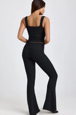 Oh Polly Elevated Essentials^Tall Ribbed Modal Mid-Rise Foldover Flared Trousers in Black