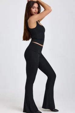 Oh Polly Elevated Essentials^Tall Ribbed Modal Mid-Rise Foldover Flared Trousers in Black