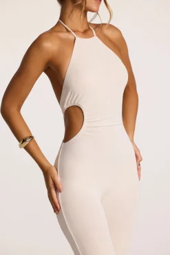 Oh Polly Women'S Clothing Sale - $65 And Under^Tall Textured Jersey Halter Neck Ruched Cut Out Jumpsuit in Ivory