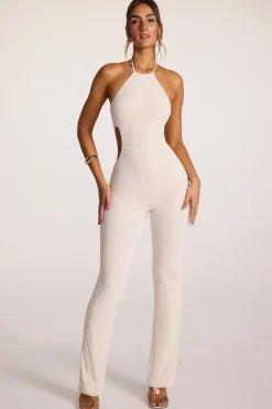 Oh Polly Women'S Clothing Sale - $65 And Under^Tall Textured Jersey Halter Neck Ruched Cut Out Jumpsuit in Ivory