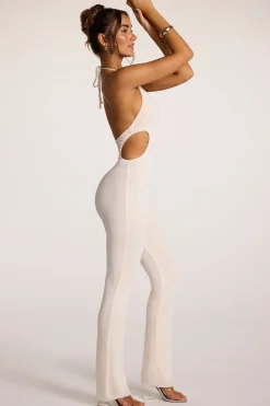 Oh Polly Jumpsuits & Unitards^Textured Jersey Halter Neck Ruched Cut Out Jumpsuit in Ivory