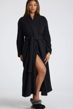 Oh Polly Lounge & Intimates^Tie Front Fleece Robe in Black