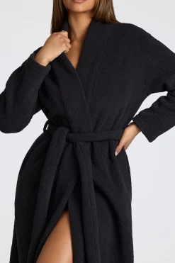 Oh Polly Lounge & Intimates^Tie Front Fleece Robe in Black