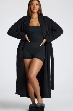 Oh Polly Lounge & Intimates^Tie Front Fleece Robe in Black
