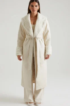Oh Polly Outerwear | Fall Outfits^Tie Up Coat with Shearling Collar and Cuffs in Cream
