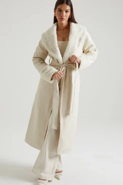 Oh Polly Outerwear | Fall Outfits^Tie Up Coat with Shearling Collar and Cuffs in Cream