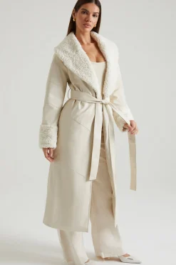 Oh Polly Outerwear | Fall Outfits^Tie Up Coat with Shearling Collar and Cuffs in Cream