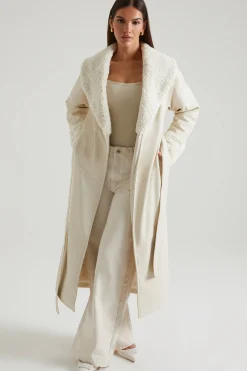 Oh Polly Outerwear | Fall Outfits^Tie Up Coat with Shearling Collar and Cuffs in Cream