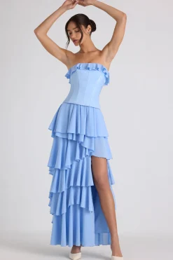 Oh Polly Wedding Guest | Georgette And Chiffon^Tiered Corset Gown in Sky Blue SkyBlue